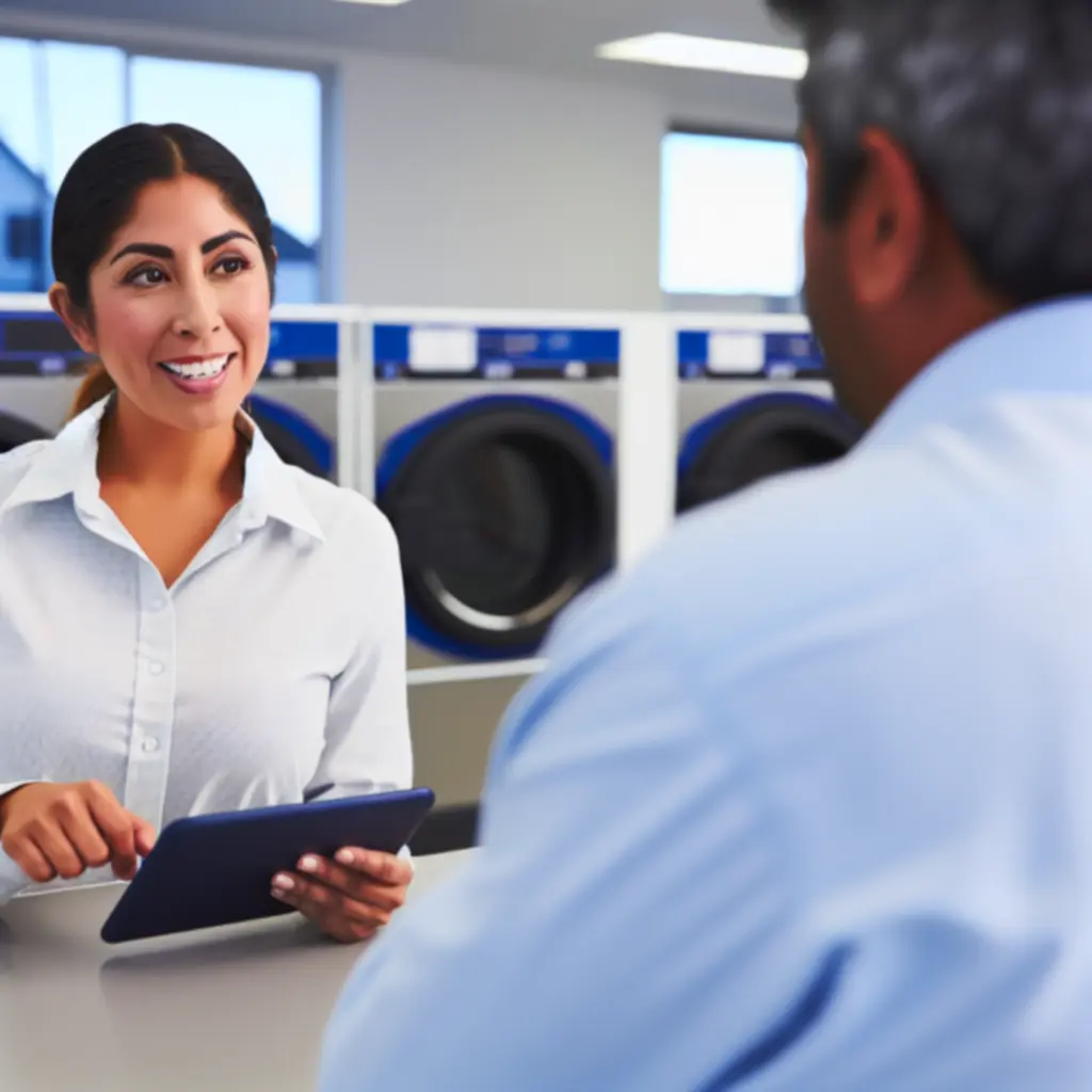 Uśmiechnięty pracownik pralni udzielający wsparcia klientowi