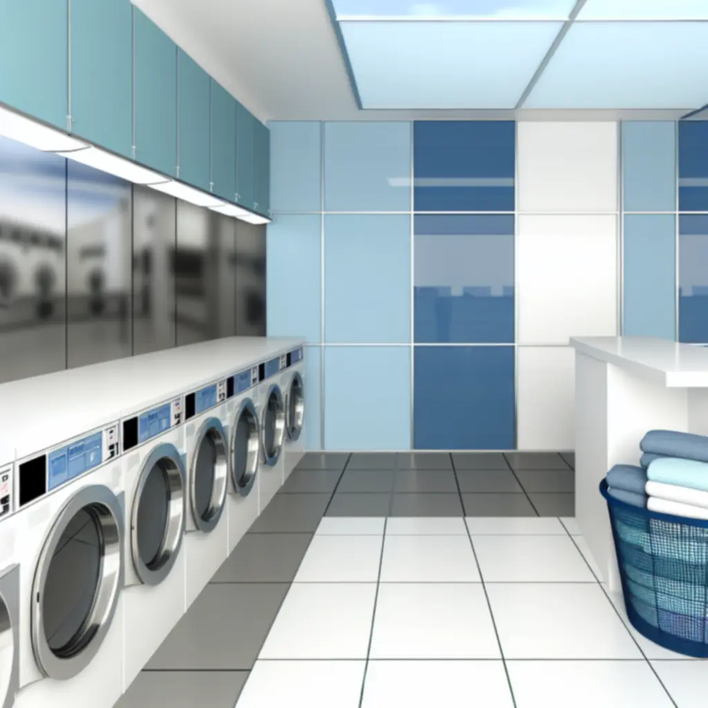 Nowoczesna, czysta pralnia z błyszczącymi pralkami i świeżo wypranymi tkaninami