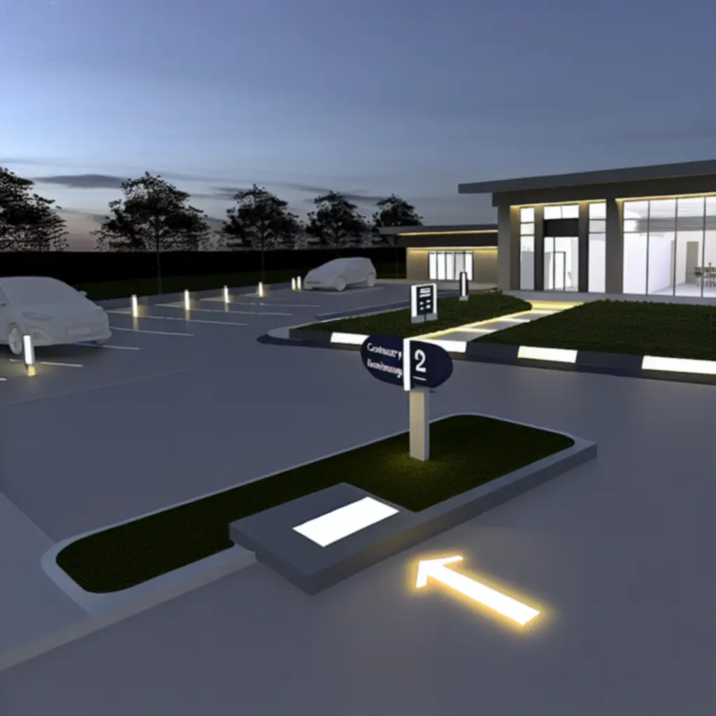 Wjazd na parking i wejście do pralni Pralka Syna PL wieczorem