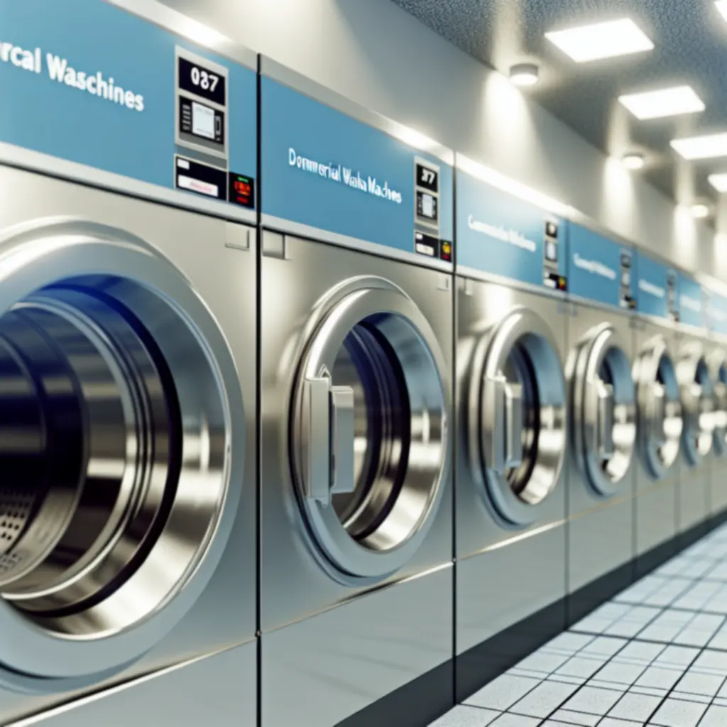 Rząd nowoczesnych pralek i suszarek dostępnych w pralni samoobsługowej