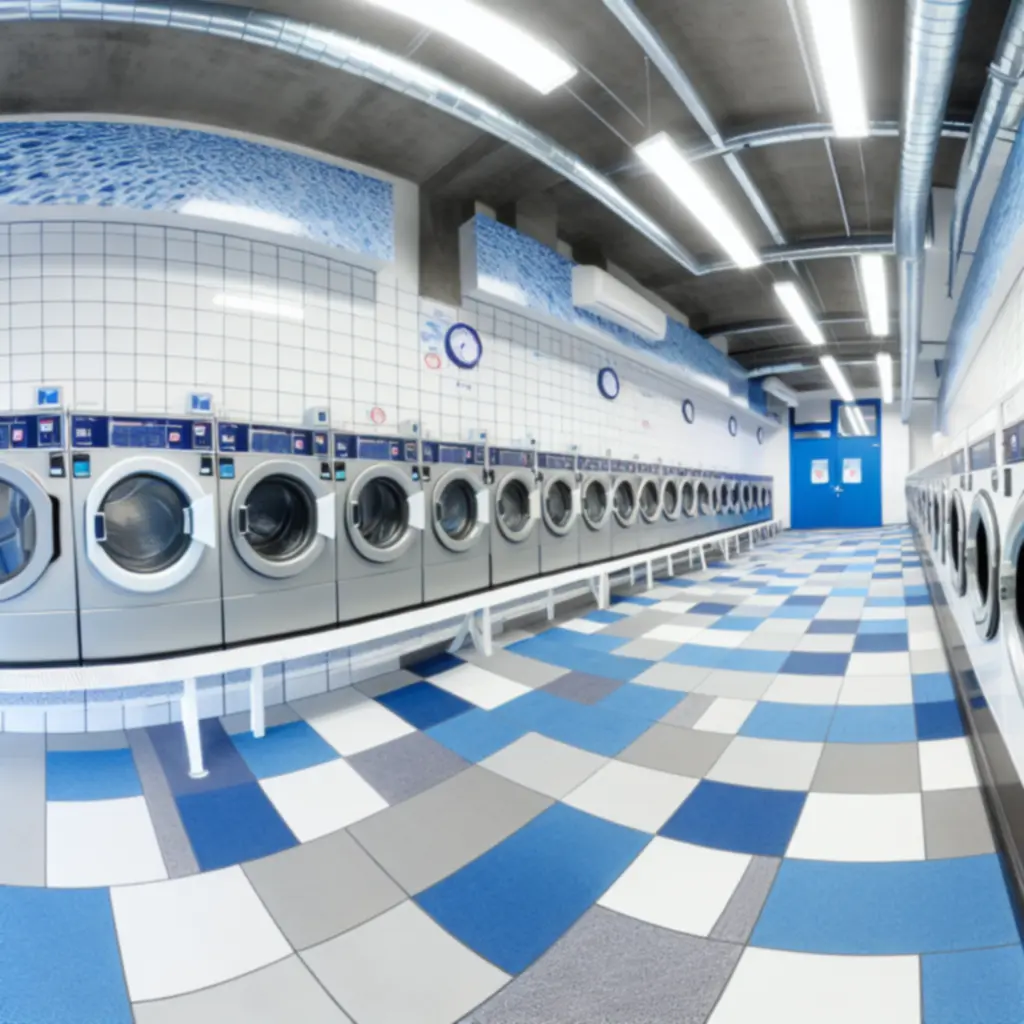 Nowoczesne, jasne wnętrze pralni samoobsługowej z zaawansowanymi urządzeniami