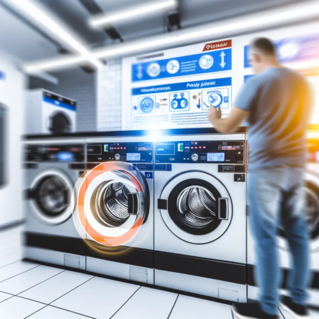 Klient korzystający z pomocy przy pralce samoobsługowej w czystej pralni