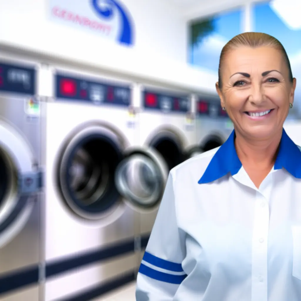 Zespół uśmiechniętych pracowników pralni gotowych pomóc klientom