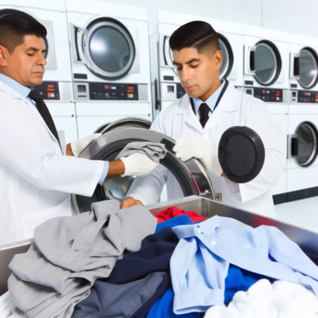 Pracownik pralni obsługujący profesjonalną pralkę w nowoczesnym wnętrzu